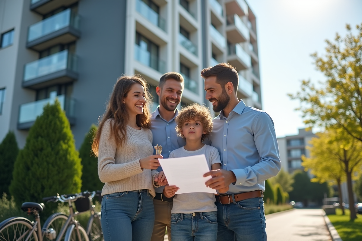 Famille souriante avec agent immobilier devant immeuble urbain