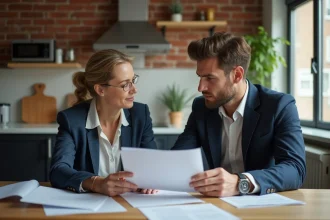 Femme d affaires calme avec jeune homme dans une cuisine moderne