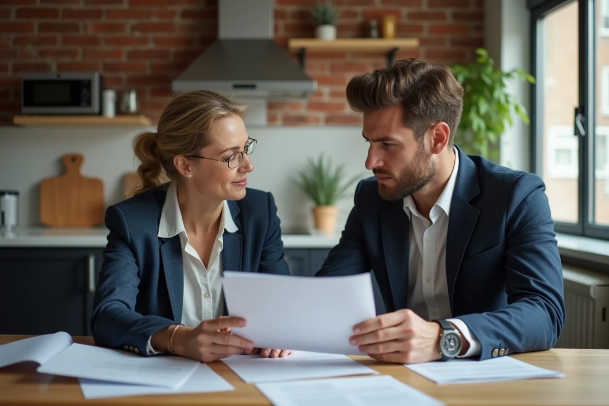 Femme d affaires calme avec jeune homme dans une cuisine moderne