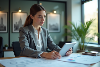 Femme d affaires utilisant une tablette dans un bureau moderne