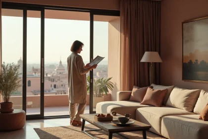 Femme regardant un appartement moderne à Marrakech