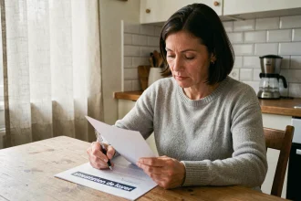 Femme consultant une attestation de loyer à la table de sa cuisine dans un appartement français