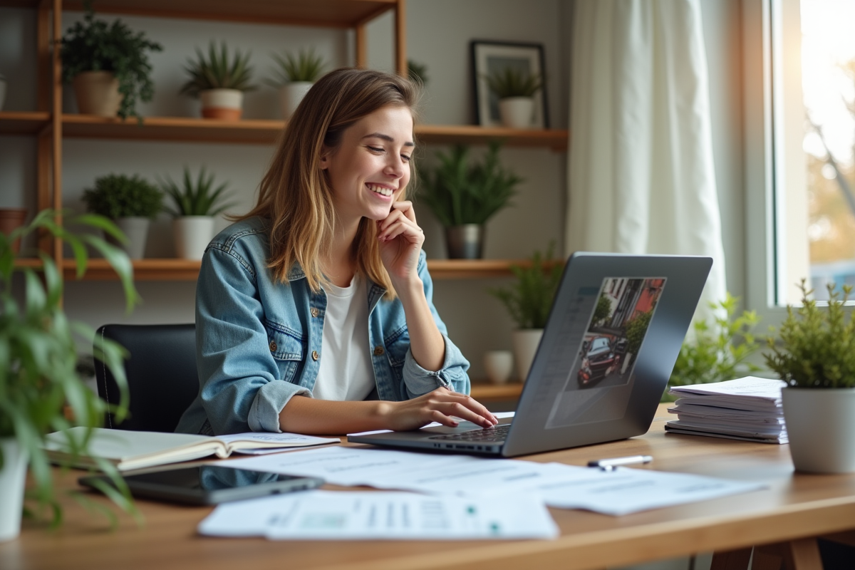 Jeune femme travaillant dans un bureau lumineux à domicile
