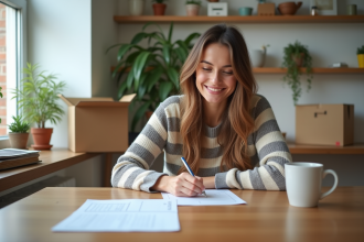 Femme remplissant un formulaire de changement d'adresse dans un appartement lumineux