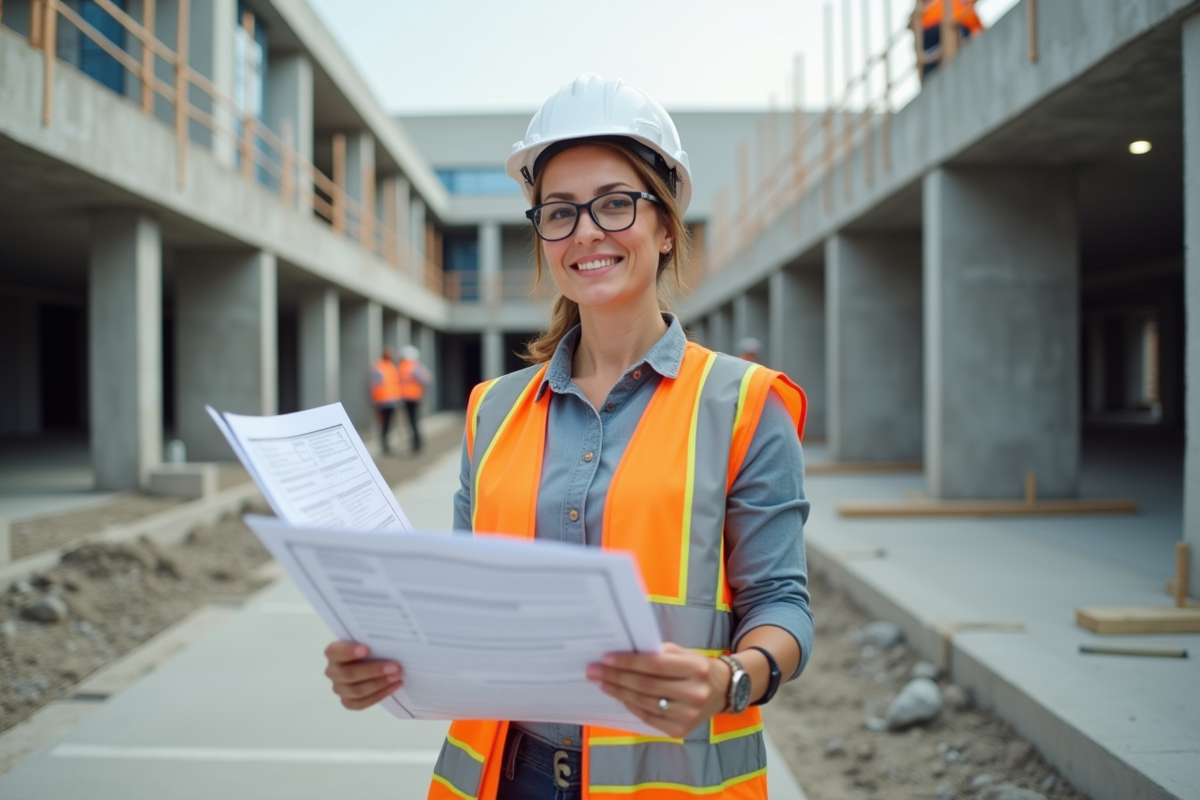 Femme sur un chantier tenant des plans et certificat d