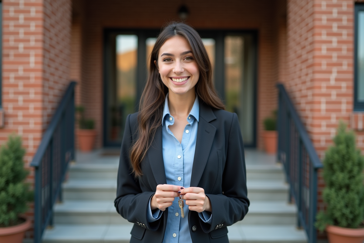 Jeune femme souriante tenant des clés devant un immeuble rénové