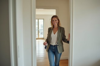Femme souriante tenant des clés d appartement dans un logement moderne