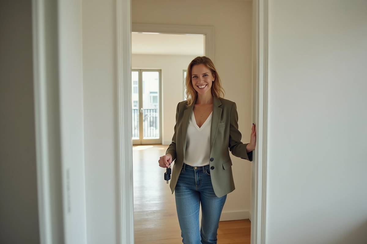 Femme souriante tenant des clés d appartement dans un logement moderne