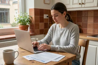 Femme comparant des offres d'assurance appartement sur ordinateur portable dans une cuisine moderne