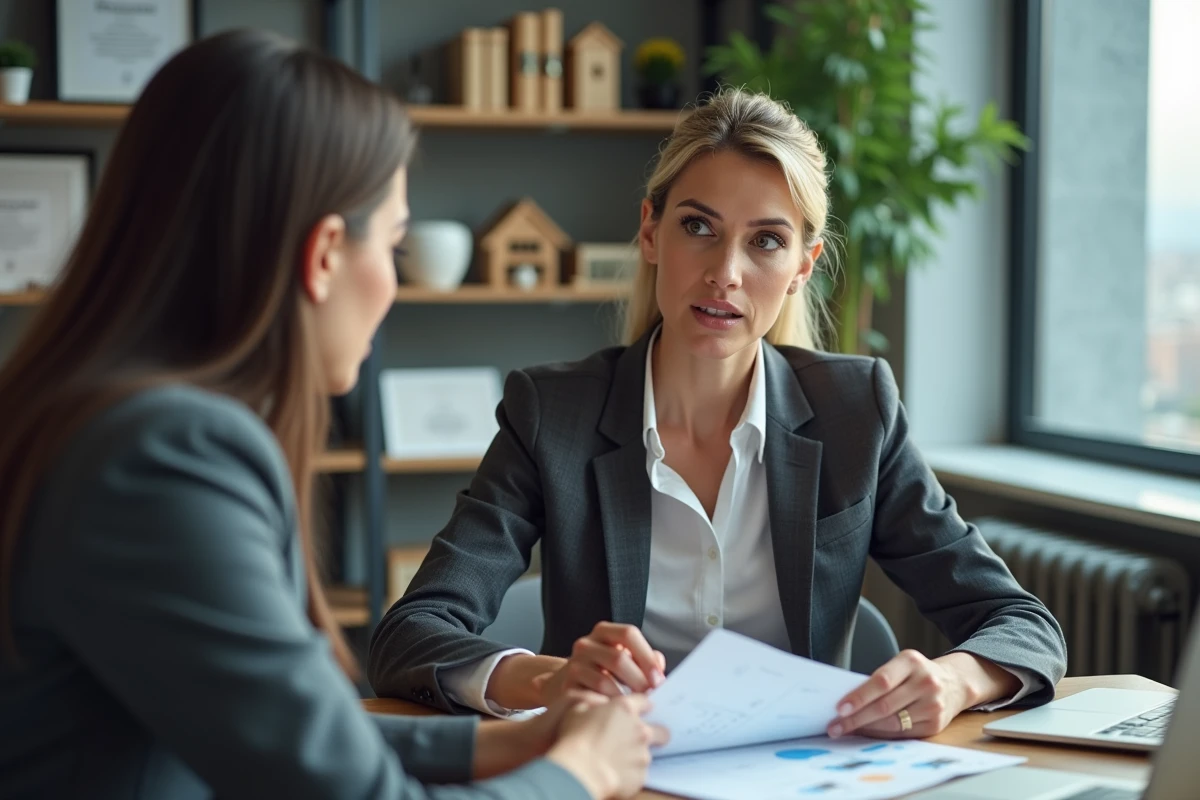 Femme en réunion avec conseiller immobilier au bureau