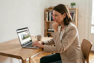 Femme consultant le site loc'annonces-paris.fr sur un ordinateur portable dans un appartement parisien
