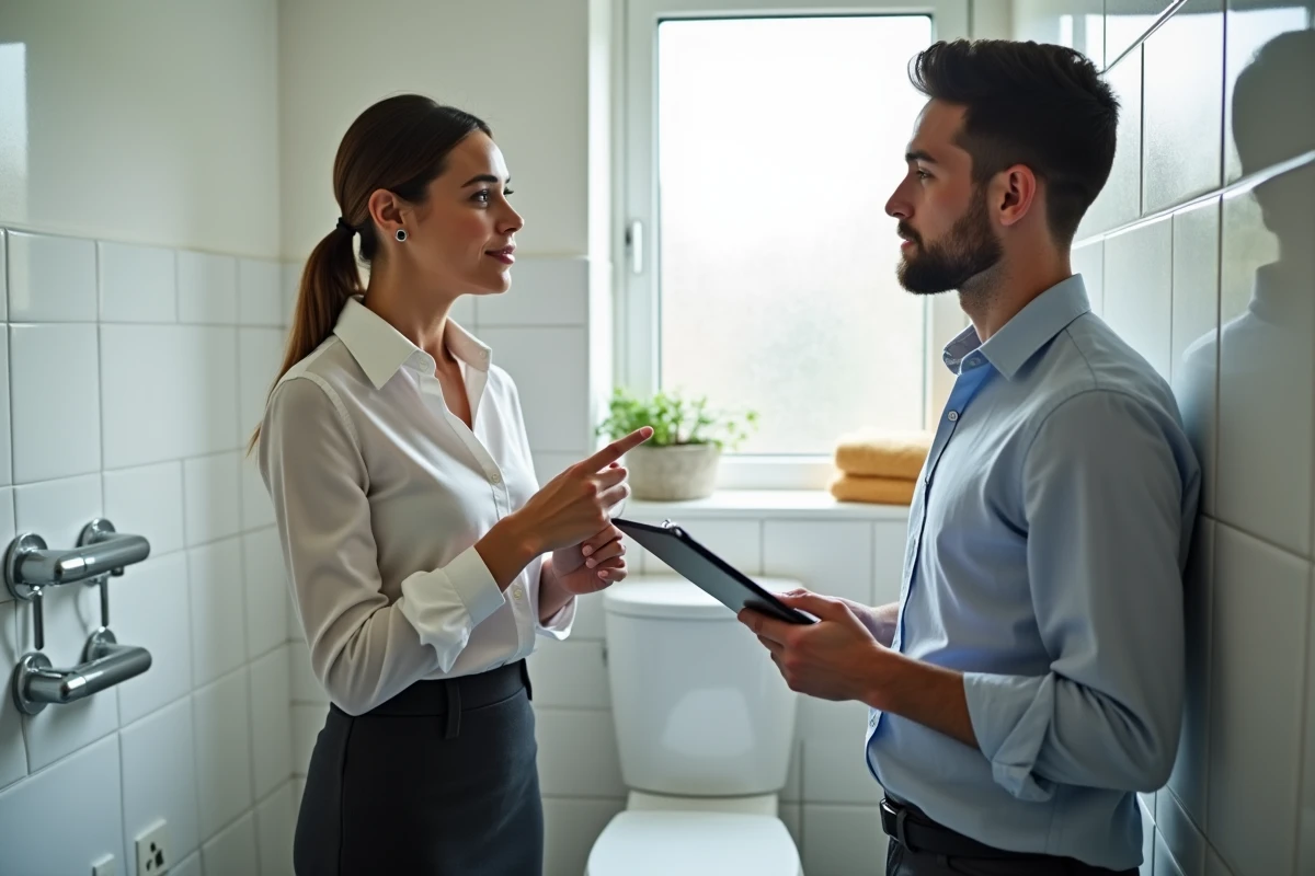 Femme propriétaire discute avec un locataire dans la salle de bain