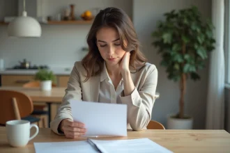 Femme examinant un contrat de location dans un appartement moderne
