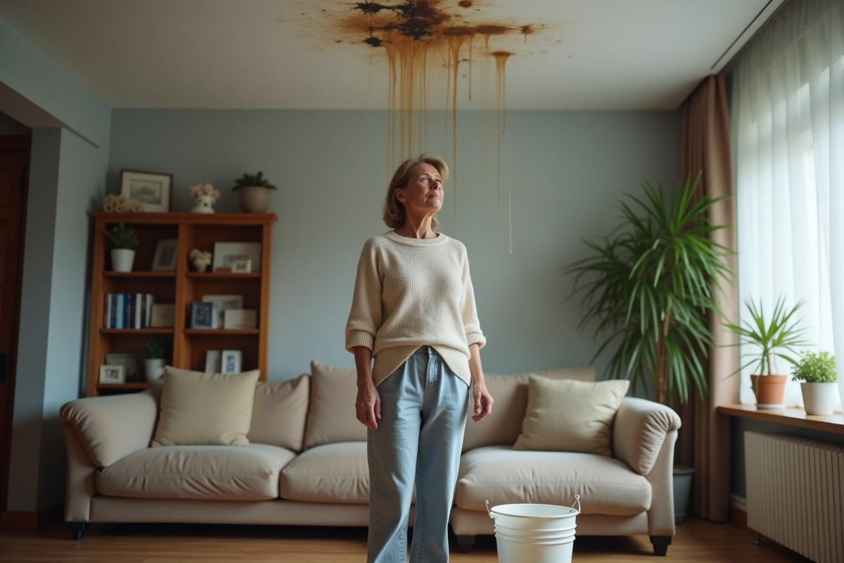 Femme examinant une tache d'eau au plafond du salon