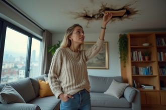 Femme examinant une tache d'eau au plafond de son salon