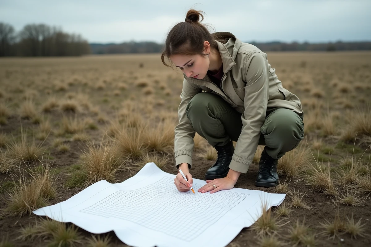 Jeune femme traçant un plan dans un champ naturel
