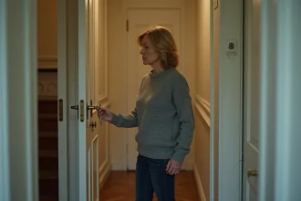 Femme devant une porte d'appartement dont la serrure a été changée, tenant une ancienne clé inutilisable, expression inquiète dans un couloir d'immeuble haussmannien