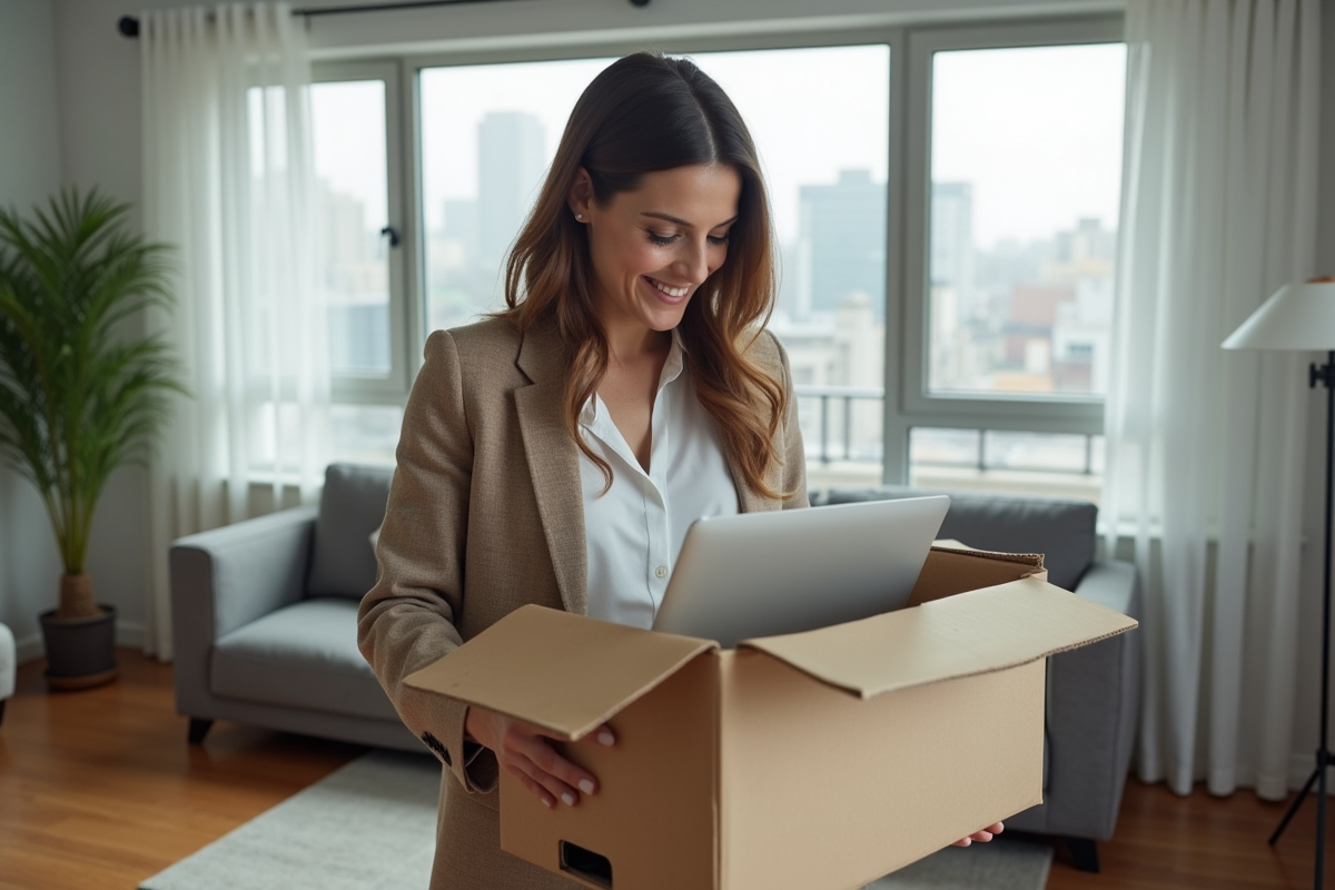 Femme professionnelle emballant documents dans une maison moderne
