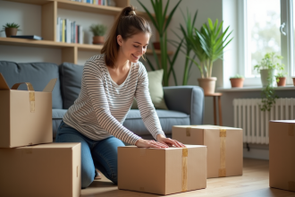 Jeune femme emballant une boîte de déménagement dans un salon lumineux