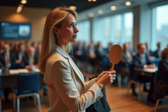 Femme élégante en salle d'enchères regardant attentivement