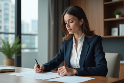 Femme professionnelle en revue de documents financiers