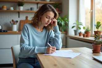 Jeune femme remplissant des formulaires de logement dans un appartement lumineux