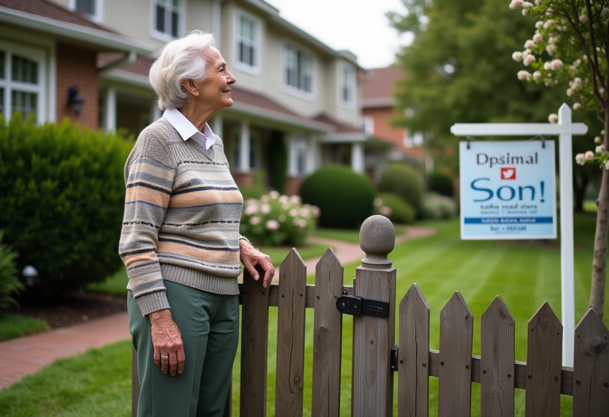 Femme âgée observant une maison avec panneau immobilier