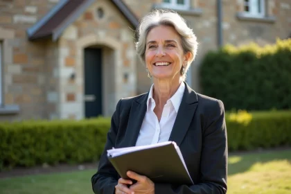 Femme confiante avec dossier immobilier devant maison