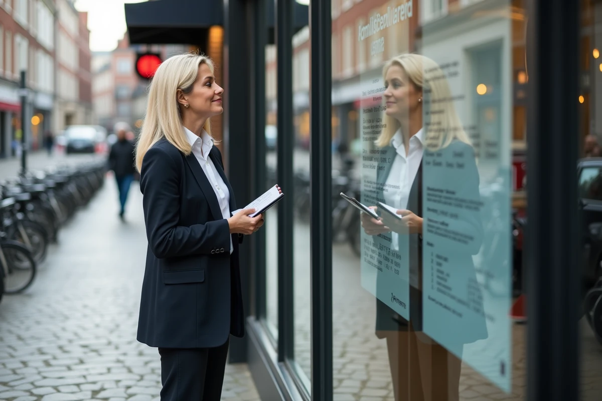 Femme regardant des annonces immobilières devant une agence