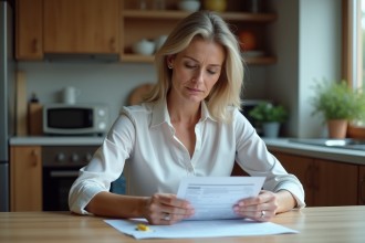 Femme d'âge moyen consulte un avis d'impôt foncier à la maison