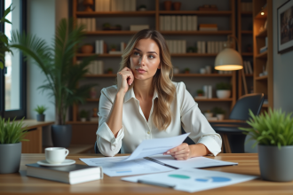 Femme réfléchissant à des documents d'investissement immobilier