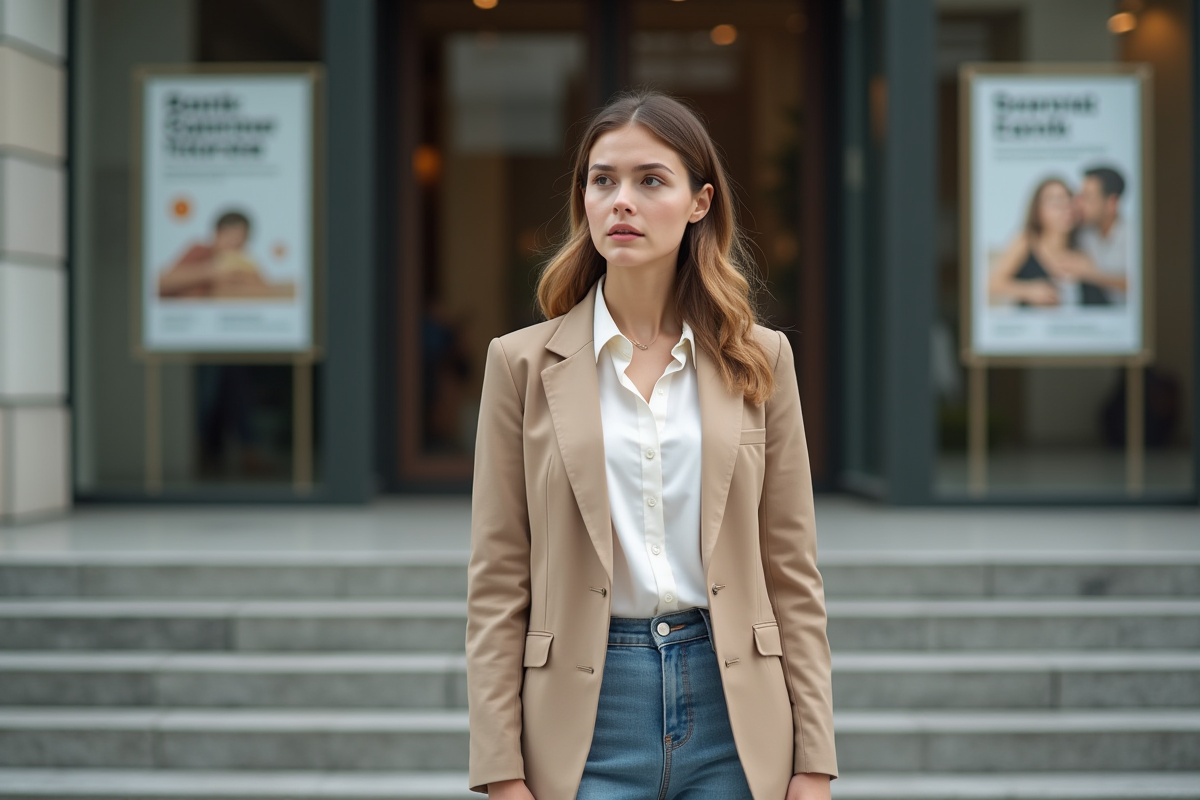 Jeune femme devant une banque avec documents d