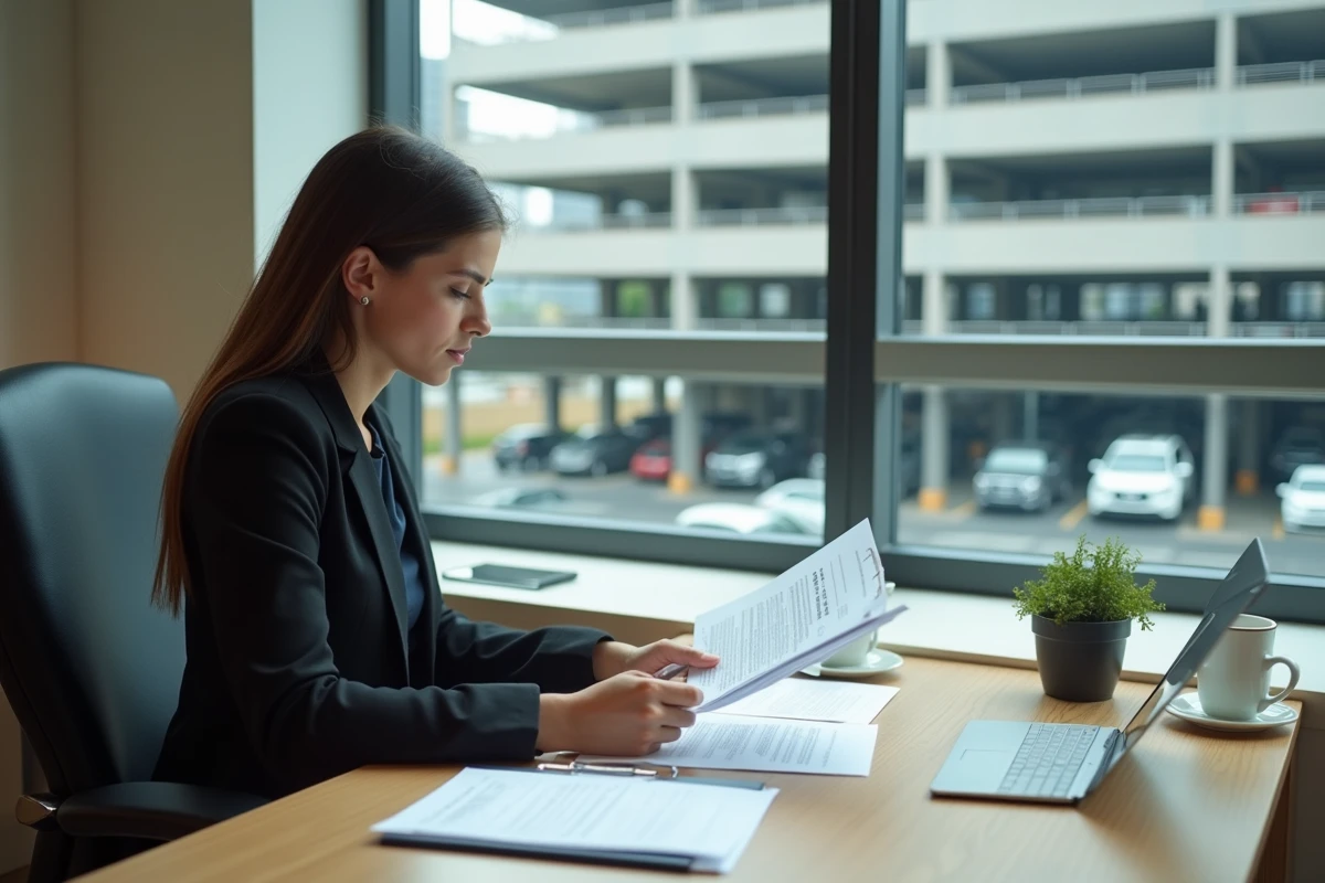 Jeune femme lit des documents dans un bureau
