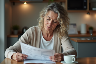 Femme française examine une facture de taxe foncière dans son appartement