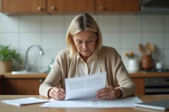 Femme lisant des documents dans une cuisine moderne