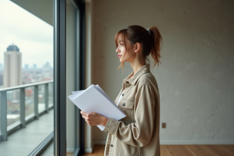 Femme tenant documents de location devant appartement vide