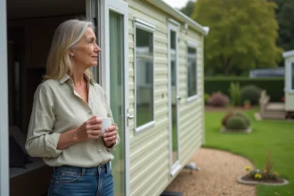 Femme vivant à l'année dans un mobil-home sur un camping résidentiel en France