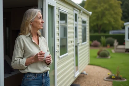Femme vivant à l'année dans un mobil-home sur un camping résidentiel en France