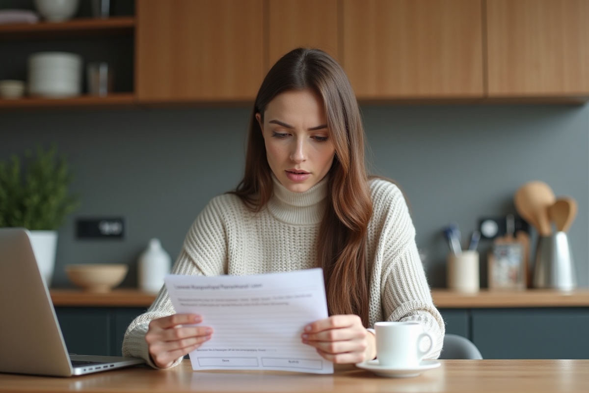 Femme en cuisine examine un plan de remboursement de prêt