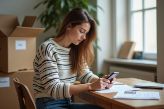 Jeune femme organise ses papiers de déménagement