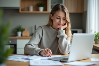 Femme en cuisine organisée avec papiers et ordinateur