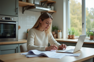 Femme en cuisine triant ses factures avec ordinateur