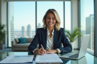 Femme professionnelle examine documents de prêt immobilier