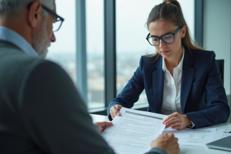 Femme en costume navy lors d'une réunion d'affaires