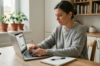Femme consultant une annonce de logement social sur son ordinateur portable dans un appartement parisien