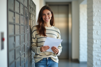Femme souriante tenant des lettres dans un immeuble moderne