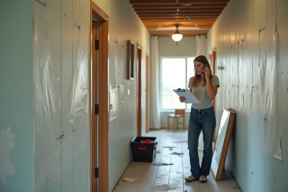 Jeune femme au téléphone dans un couloir après une fuite d