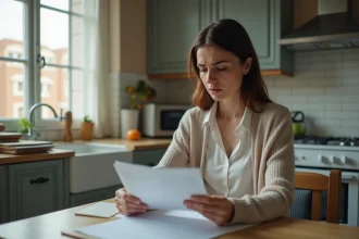 Femme anxieuse examine documents de location dans la cuisine