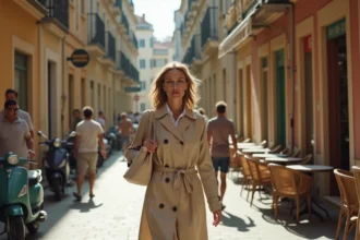 Femme marchant sereinement dans une rue animée du 3ème arrondissement de Marseille, illustrant la vie quotidienne en sécurité dans un quartier urbain dense
