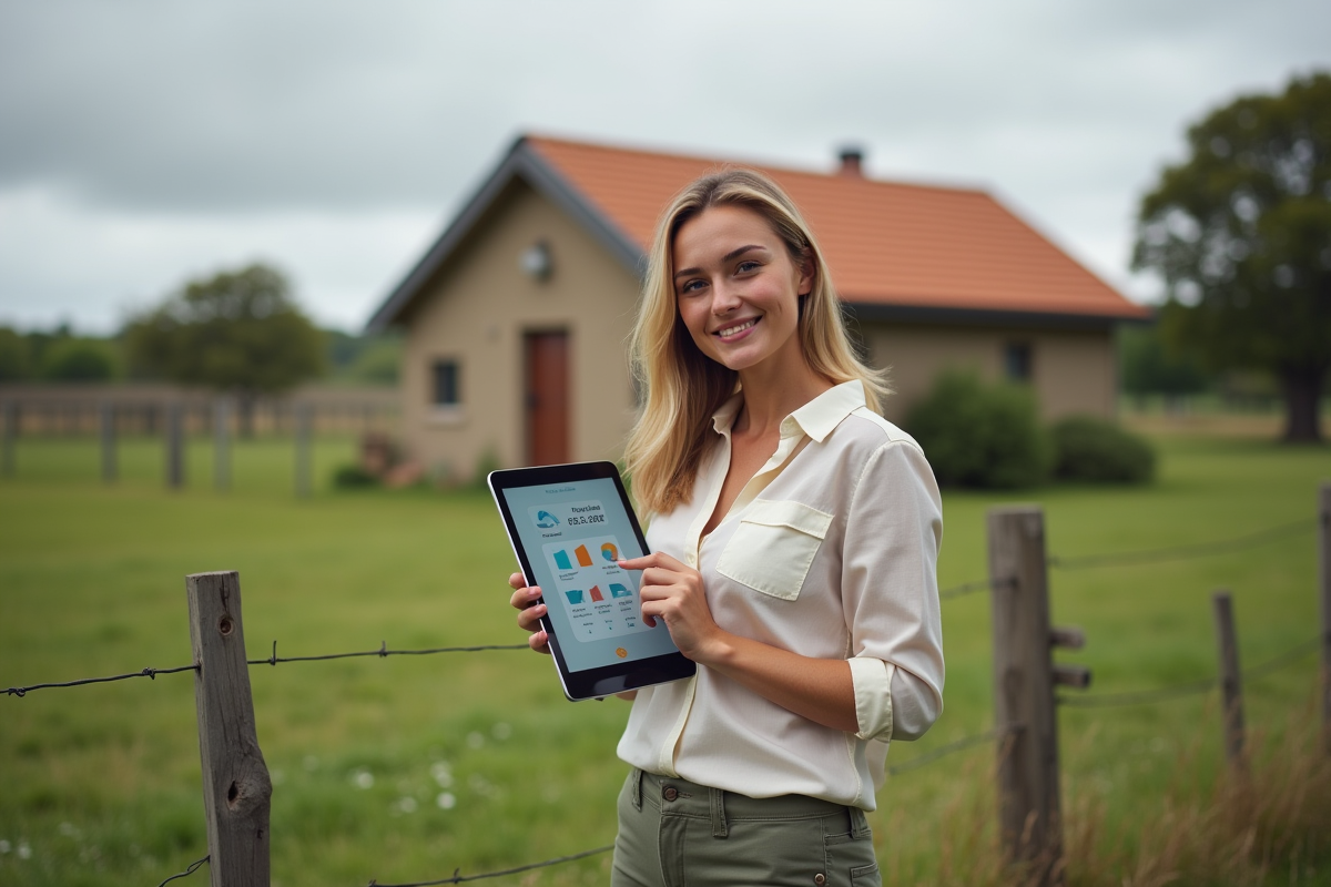 Jeune femme rurale tenant une tablette avec un graphique immobilier